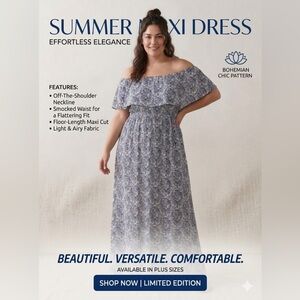 Plus Size One-Shoulder Blue Paisley Maxi Dress